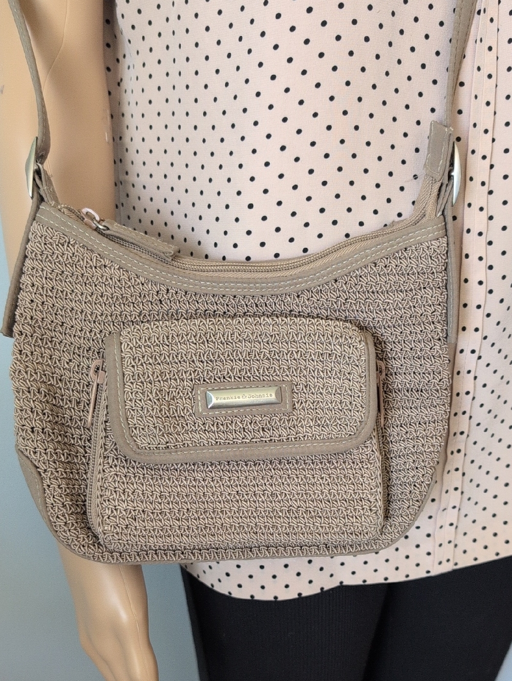 Frankie & Johnnie Tan Crochet Knit Crossbody Shoulder Bag Vintage Y2K - Picture 3 of 15